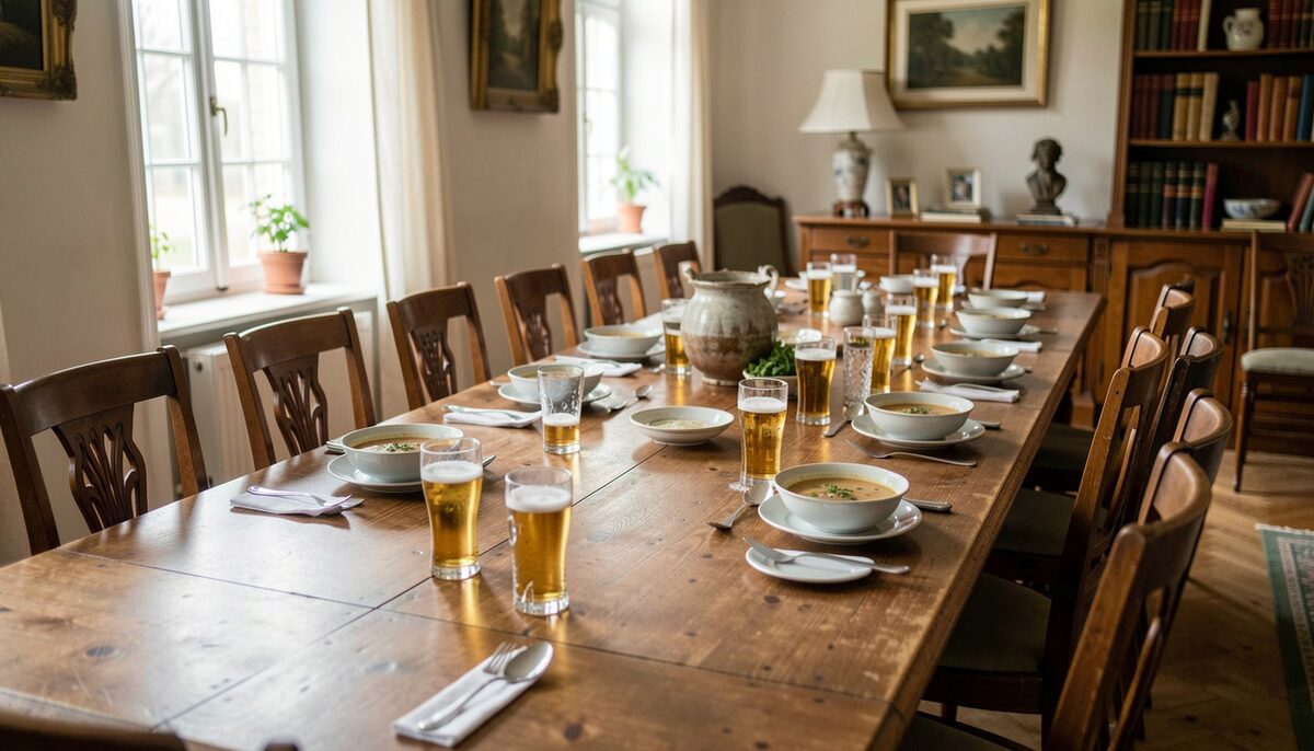 Ein langer Mittagstisch in einer Gaststube mit gedämpftem Licht, Suppenschüsseln und Biergläsern für zwölf Personen
