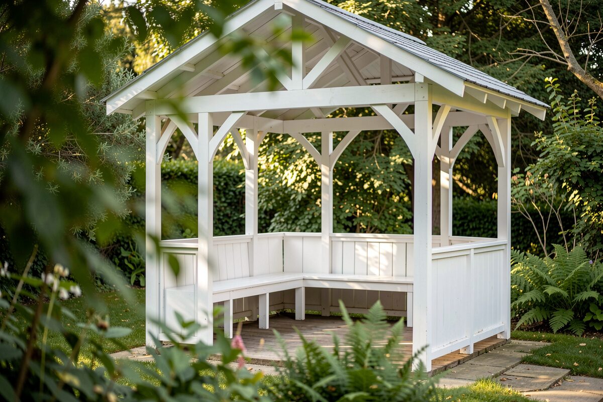 Ein weiß gestrichener Holzpavillon mit Sitzbank im Inneren