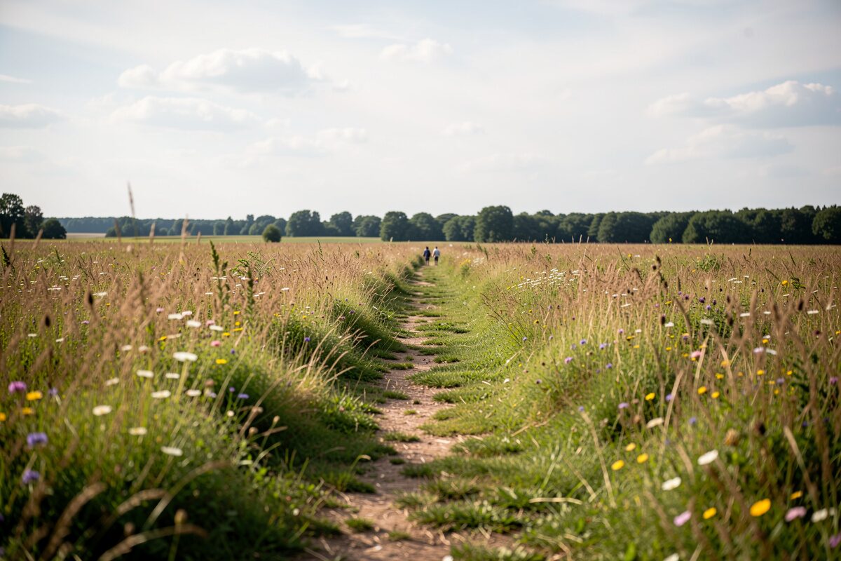 Ein Feldweg zwischen Wiesen mit Wanderern in der Ferne