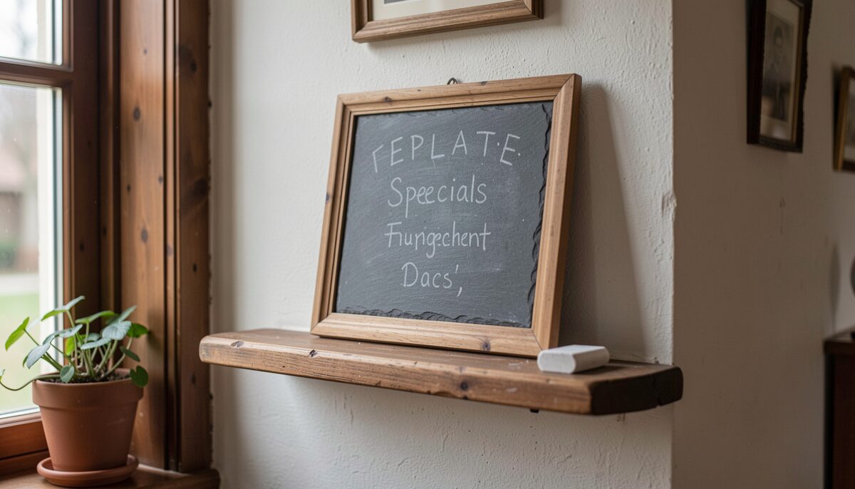 Eine handschriftliche Extrakarte auf einem kleinen Tafelbrett an der Wand einer Gaststube mit Kreideschrift