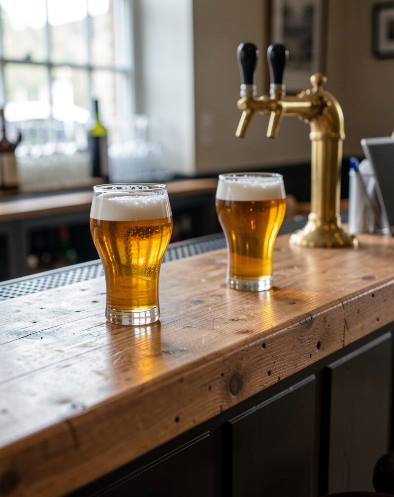 Die Thekenkante mit Biergläsern und dem Zapfhahn im Vordergrund