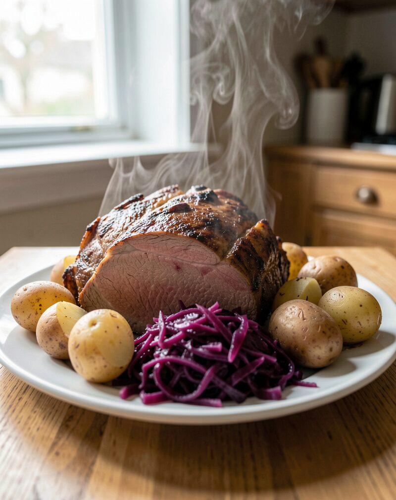 Ein Braten mit Rotkohl und Kartoffeln auf einer Platte